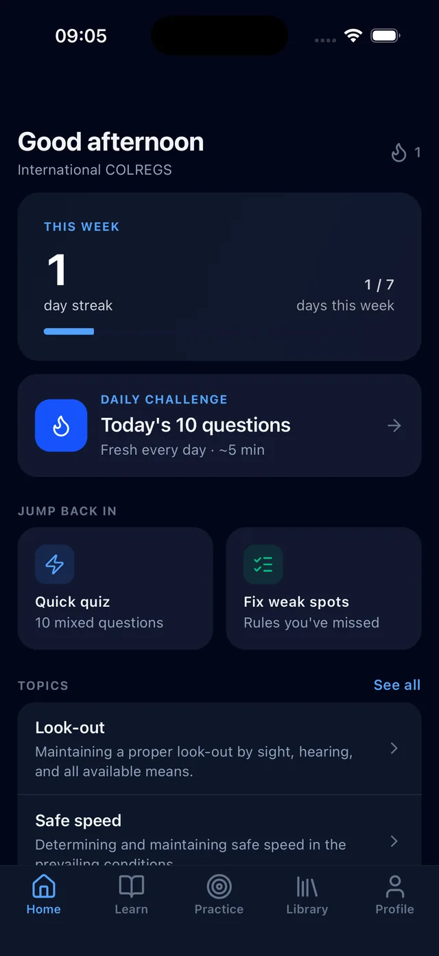 IRPCS home screen showing a learning streak, today's 10-question daily challenge, and quick links to quizzes and topics