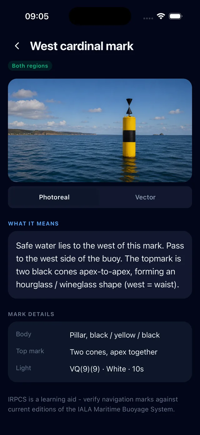 West cardinal mark reference page with photo, meaning, top mark and light characteristics