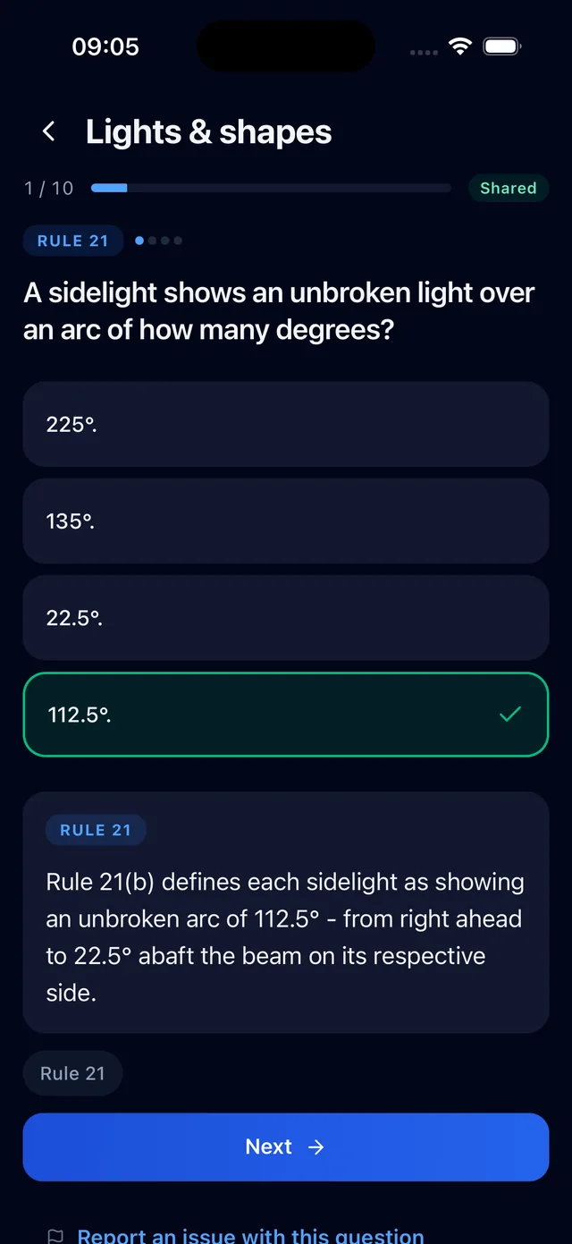 A lights and shapes question answered correctly, with the rule citation explaining the 112.5 degree sidelight arc